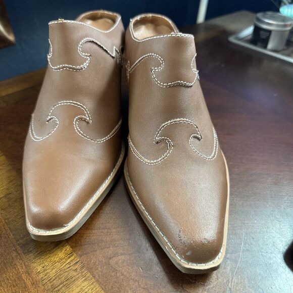 Brown Leather Mules Boot Style Clogs Women’s Size 8 Western Heel Slip On - Picture 1 of 10